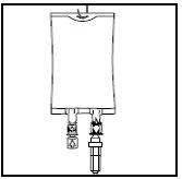 Disegno tecnico in bianco e nero di una sacca per infusione medica con due tubicini di uscita dotati di connettori e valvole di chiusura