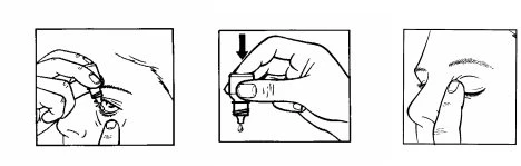Three drawings show how to apply eye drops: a hand holds the bottle close to the eye