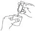 Line drawing showing a hand holding a syringe to aspirate liquid from a small vial held by another hand