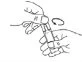 Line drawing showing two hands gripping and operating a cylindrical medical device for administration
