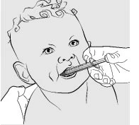 Disegno lineare di un neonato con una mano che inserisce una siringa senza ago nella bocca del bambino per somministrare un farmaco liquido