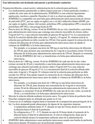 Text from a medical instruction leaflet with Spanish instructions on preparation, dilution, storage, and administration of JEMPERLI