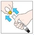Two hands connecting a yellow cartridge to a white injection pen with blue arrows indicating the docking motion