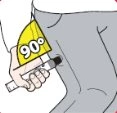 A hand holding an injection pen to apply it to the upper thigh at a 90-degree angle to the skin