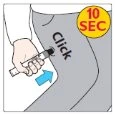 A hand holding an auto-injector against the thigh with a blue arrow pointing downward and a yellow circle labeled 10 SEC