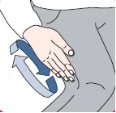 Illustration of a hand massaging the abdominal area with a blue curved arrow indicating a circular motion