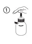 Technical drawing showing a hand pressing a finger down on the cap of a medical vial with a downward-pointing arrow and the number 1