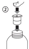 Diagram with number 2 showing a hand pushing a cylindrical cap downward over the neck of a medical vial