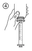 Black-and-white drawing of a hand gripping the base of a medical device attached to a graduated syringe with the number 4 in a circle
