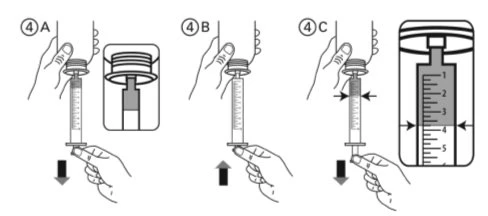 Three sequential diagrams showing hands holding a syringe to aspirate or expel liquid, with directional arrows and close-up views