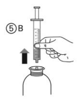 A hand holds a graduated syringe and pushes it vertically downward