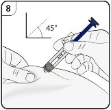 Technical drawing showing a hand holding a syringe angled at 45 degrees for the