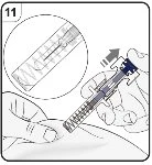 Hands holding a medical injection device on the skin with a close-up showing detail of the