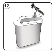 Technical drawing showing a syringe with needle being inserted vertically into the