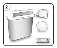Sharps waste container, a square adhesive bandage, a circular gauze pad, and a rectangular bandage on a white background with the number 2 in the upper left corner