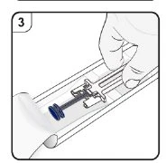 A hand holding a syringe with a blue plunger at the