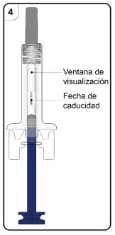 Diagram of a syringe with instructions for the viewing window and the expiration date indicated on the body of the device
