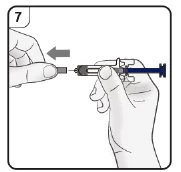 Two hands separating a syringe from a protective cap indicated by a gray arrow pointing to the left in a diagram numbered 7