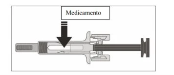 Technical schematic of a syringe with a black arrow pointing to the section containing the medication