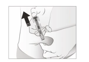 A hand holds an injection pen at an angle while a black arrow indicates the movement toward the
