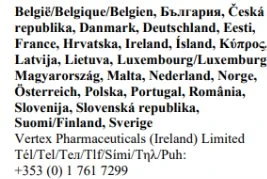 Elenco di nomi di paesi europei in varie lingue seguito dal nome Vertex Pharmaceuticals Ireland Limited e dal numero di telefono internazionale