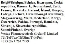 Elenco di nomi di paesi europei in varie lingue seguito dal nome Vertex Pharmaceuticals Ireland Limited e dal relativo numero di telefono