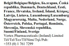 List of names of European countries in various languages followed by contact information for Vertex Pharmaceuticals Ireland Limited with telephone number