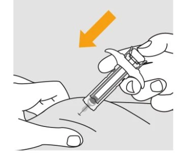 A hand holding a syringe with needle directed toward the skin of an arm while a second hand supports the injection area