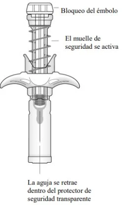 Technical diagram of a medical device with Spanish text illustrating the locking of the