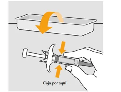 A hand holding a syringe with an orange arrow indicating the direction of pressure and a