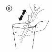 Disegno tecnico che mostra una freccia nera a doppia punta sopra un contenitore con un oggetto a forma di bastoncino che viene inserito o estratto
