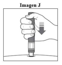 A hand holding an injection pen vertically, placing its tip on the skin with a downward-pointing arrow