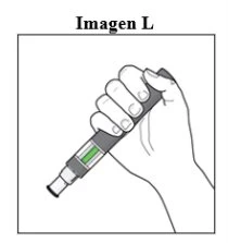 A hand firmly gripping a pen-shaped medical device with a transparent section showing green liquid inside