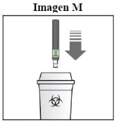 Diagram showing an injection pen being inserted vertically into a biological waste container marked with the biohazard symbol