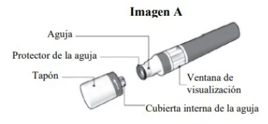 Technical diagram of a medical device with labels indicating needle and needle protection
