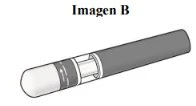 Technical drawing of a cylindrical pen-shaped medical device with a gray body and a transparent end section showing the internal liquid