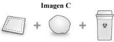 Diagram showing a square sheet, an irregular object, and a biological waste container separated by plus signs
