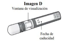 Diagram of a medical device with labels indicating the viewing window, batch number, and expiration date