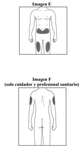 Human body diagrams indicating application areas with gray zones on the skin