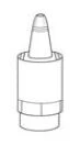 Black and white line drawing of a cylindrical medical device with a conical upper tip and an articulated base