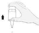 A hand holding a bottle with a nozzle pointing downward, and a black arrow indicates the opening motion toward the