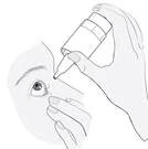 Line drawing of a hand holding a bottle with an applicator to instill drops directly into the