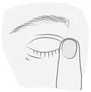 Line drawing of a closed eye with visible eyelashes and a finger gently pressing the