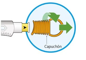Diagram showing how to rotate and remove the orange spiral cap from a medical device using green directional arrows