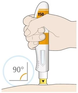 A hand holding a white and orange injection pen applying it vertically at a 90-degree angle to the skin of the body