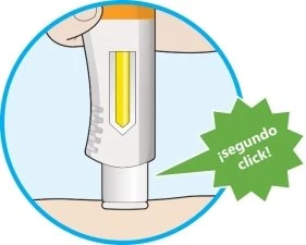 Illustration of a white medical device with a yellow window placed on the skin and a green speech bubble labeled 'second click!'