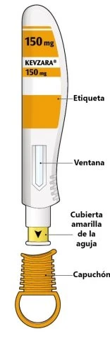 Kevzara 150 mg medical device with a yellow label, viewing window, and yellow protective cap separated from the base