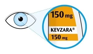 Illustration of an eye observing a magnified detail of a Kevzara 150 mg package with black text on a yellow and white background