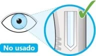 Drawing of an eye observing a close-up of a medical container with a green checkmark above the transparent part