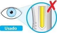 Drawing of an eye observing a close-up of a medical device with a yellow stripe and a large red cross above it